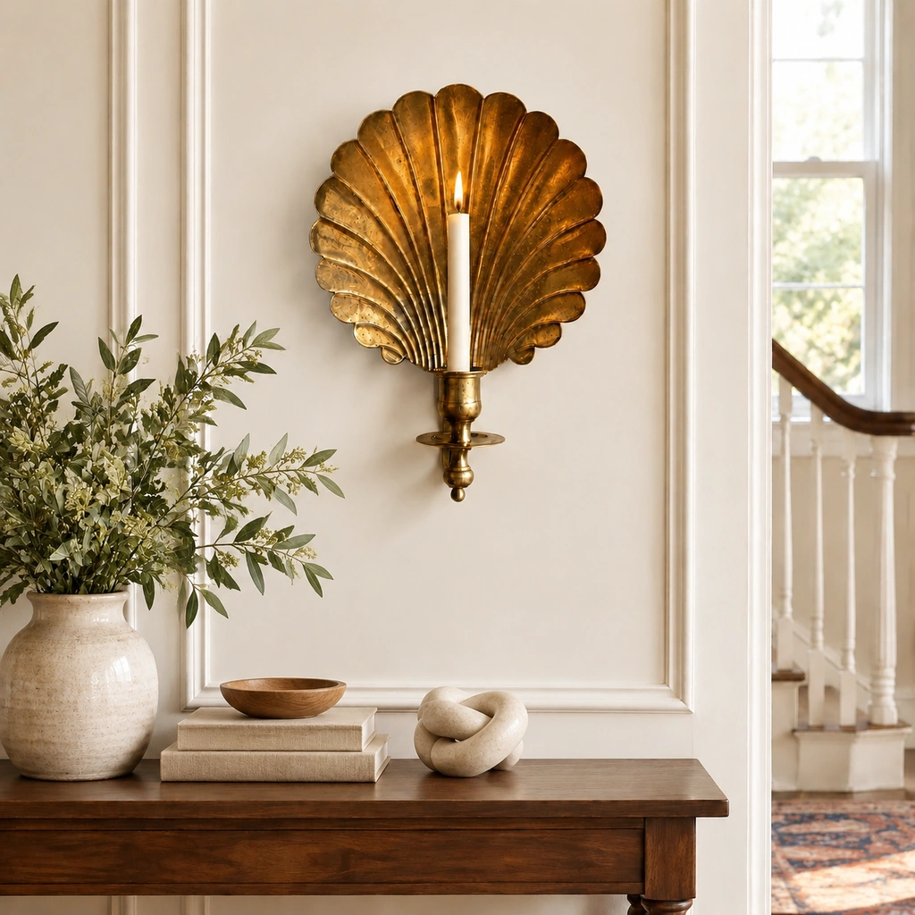 Solenne antique-brass shell candle sconce mounted above a wooden console with books, a bowl and a ceramic vase; candle not included