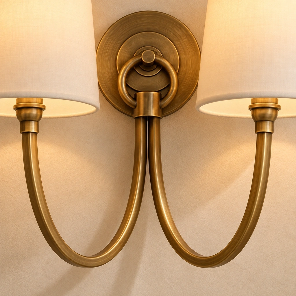 Close detail of the Hollis round brass wall plate with central ring where the two curved arms meet