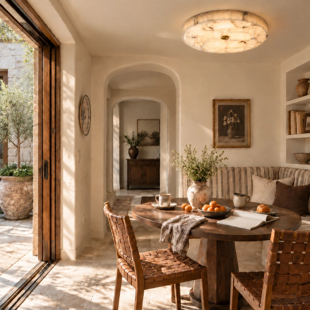 Kelly alabaster flush-mount ceiling light illuminated above a round dining table