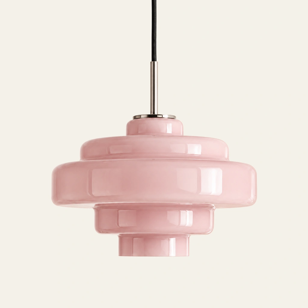 Mirelle pendant light in Rose Pink, direct connection, on an ivory background