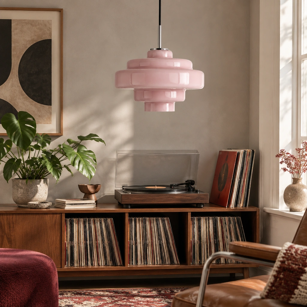 Rose Pink Mirelle pendant with direct cord connection in an interior setting