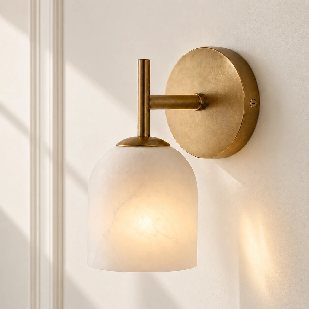 Vireo single brass sconce with alabaster shade