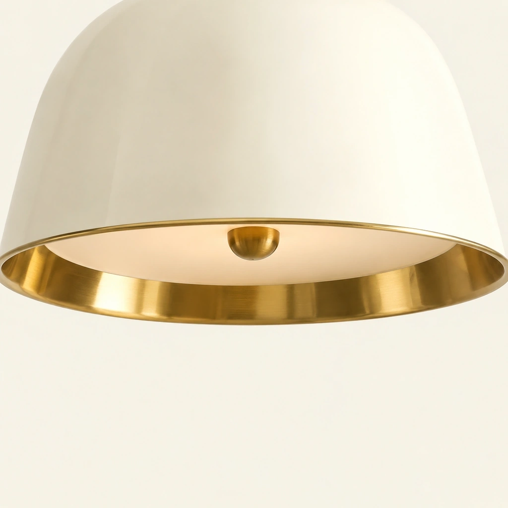 Close view of the white Ellis shade rim, diffuser and central finial