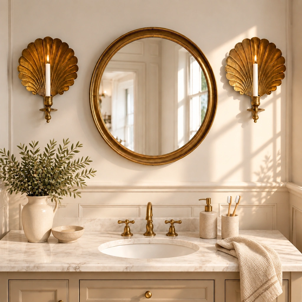 Two lit Solenne shell sconces flanking a round brass mirror above a marble bathroom vanity; candles not included