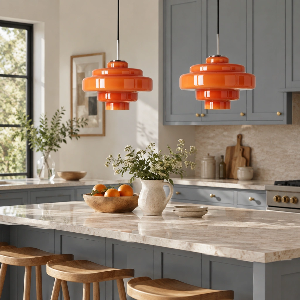 Matching orange Mirelle pendants with direct cord connection in an interior setting