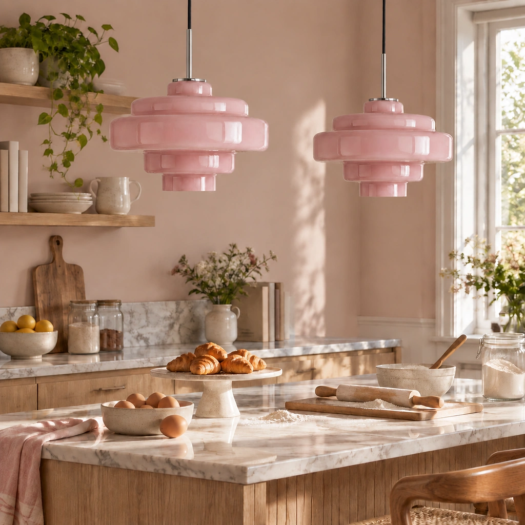Matching rose pink Mirelle pendants with direct cord connection in an interior setting