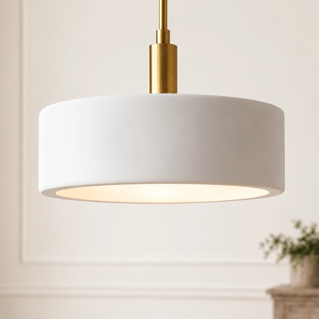 Close view of the wide Margot ivory porcelain drum shade and slender metal stem