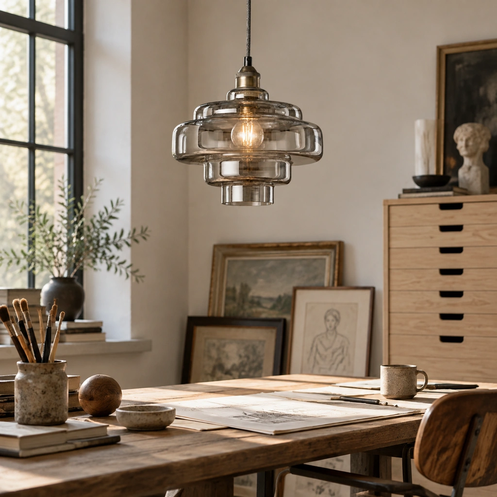 Smoke Grey Mirelle pendant with short metal connector in an interior setting