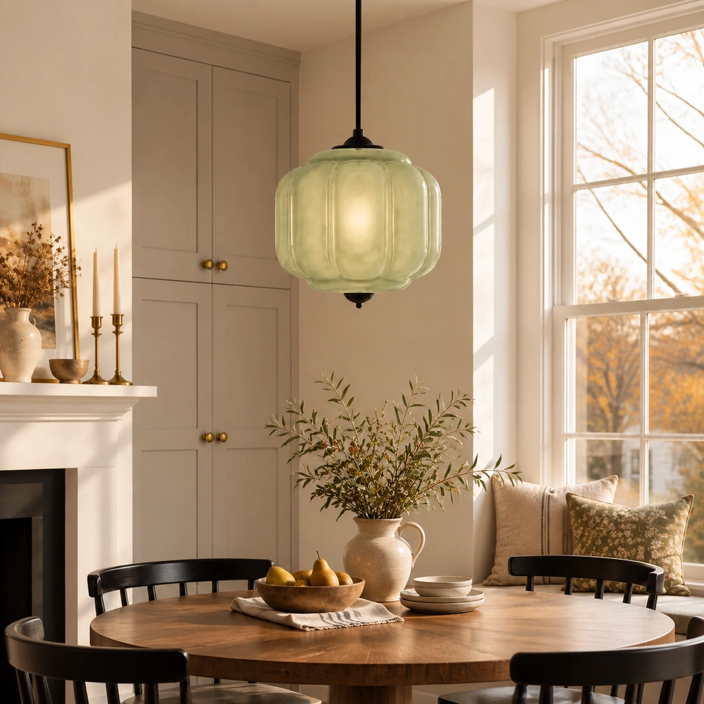 One Lumi Eloise Green Glass + Black pendant over a round table beside a banquette