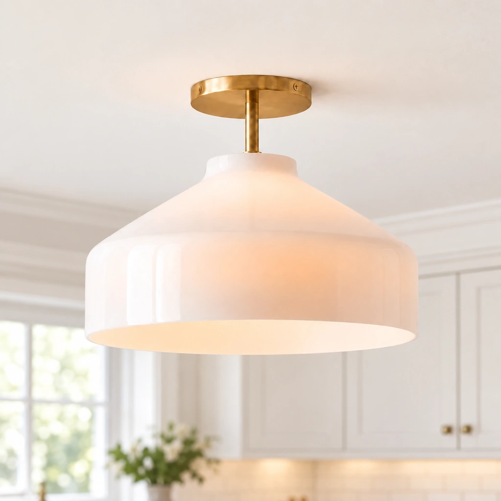 Low-angle close-up of a broad opal white glass shade glowing, with brass short stem, round canopy and visible fixing screws