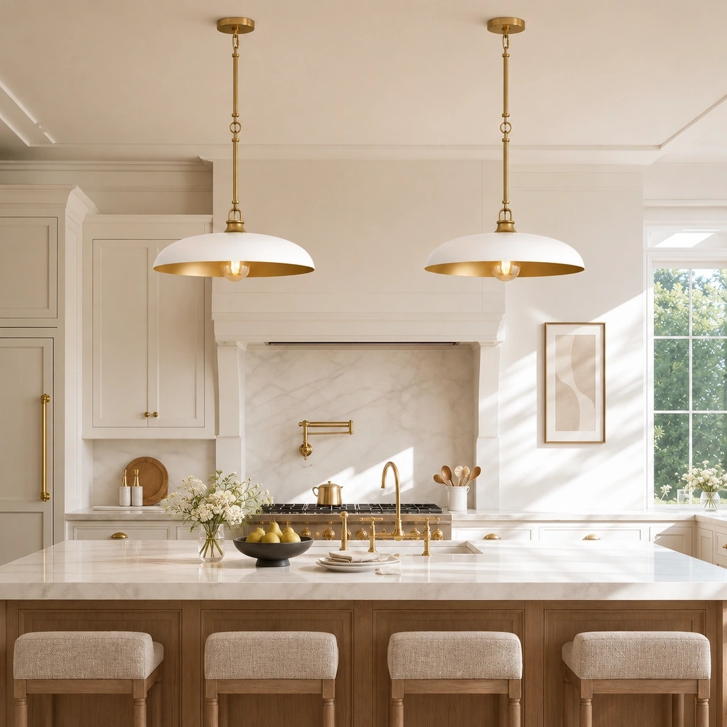 Two white Quin disc pendants with warm metal interiors over a kitchen island