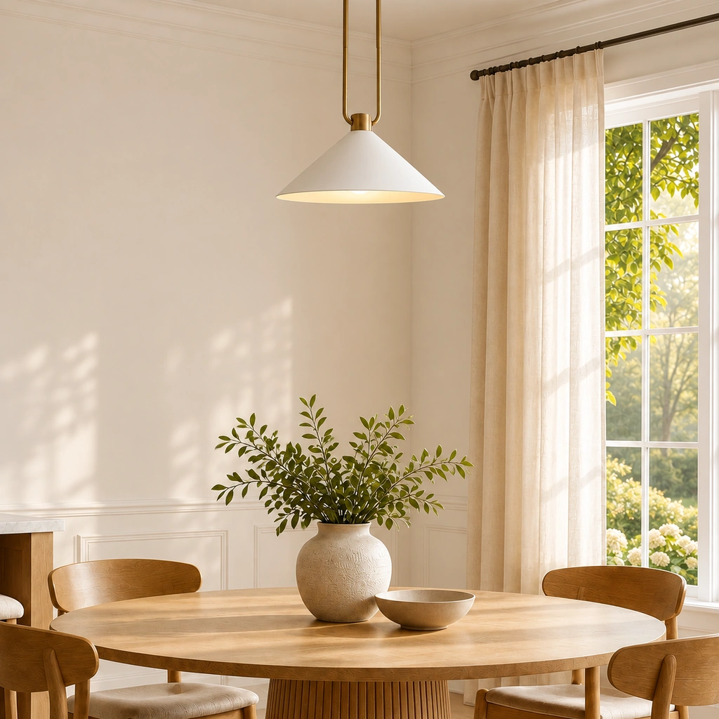 White cone Zane pendant with brass suspension rods over a round wood dining table in a sunlit room