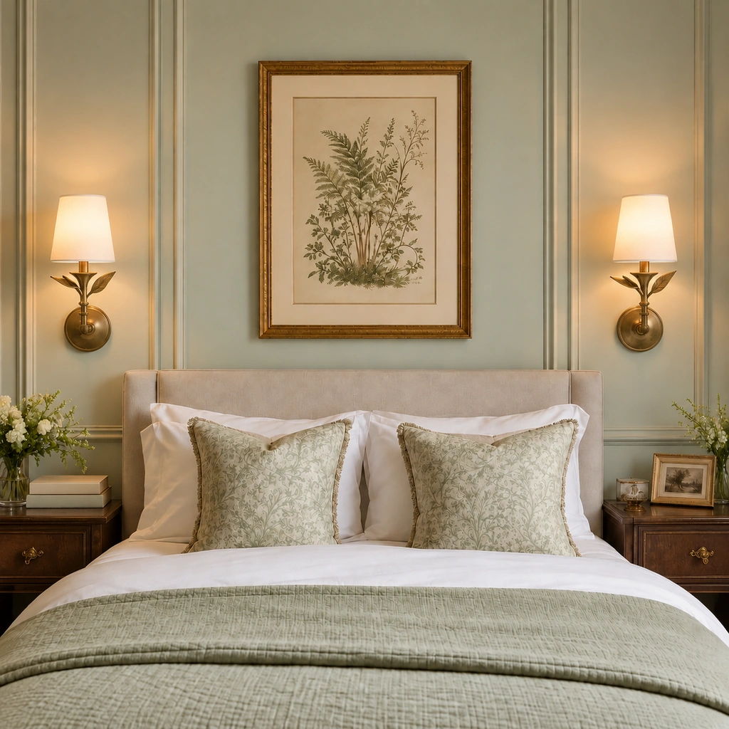 Pair of Celia sconces flanking a framed botanical print above a bed