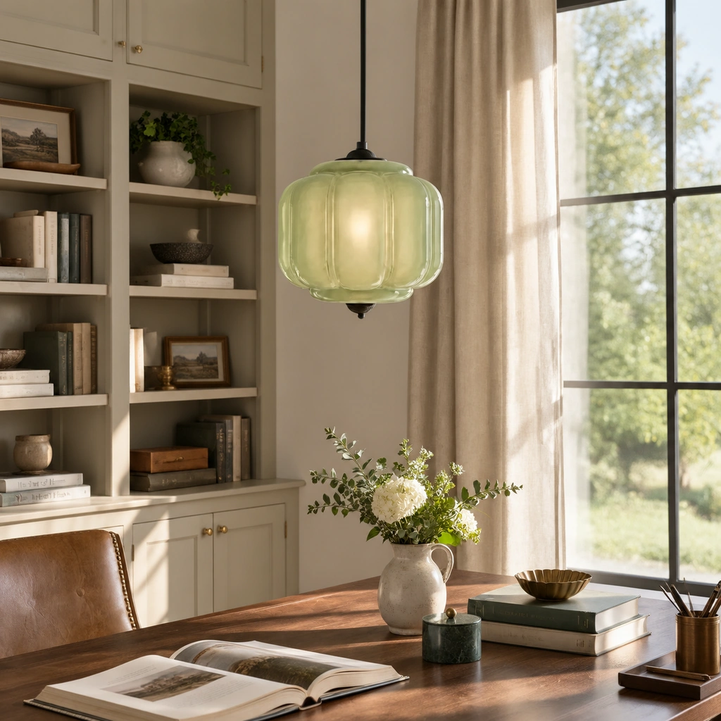 One Lumi Eloise Green Glass + Black pendant over a desk