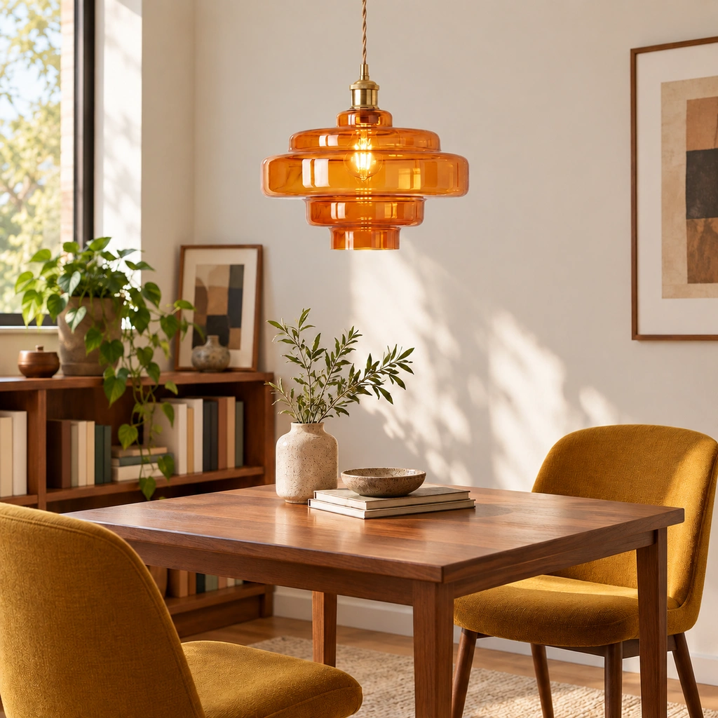 Amber Orange Mirelle pendant with short metal connector in an interior setting
