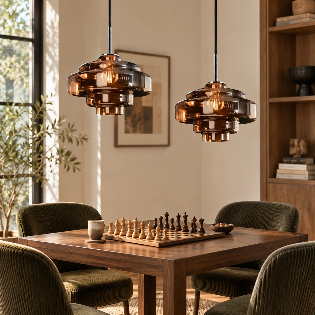 Matching brown Mirelle pendants with direct cord connection in an interior setting