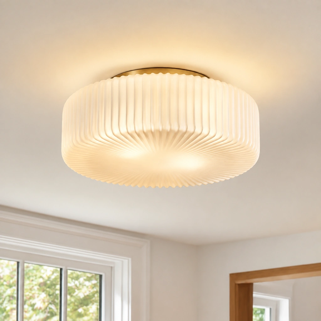 Illuminated Elowen ribbed opaline glass ceiling light mounted close to the ceiling