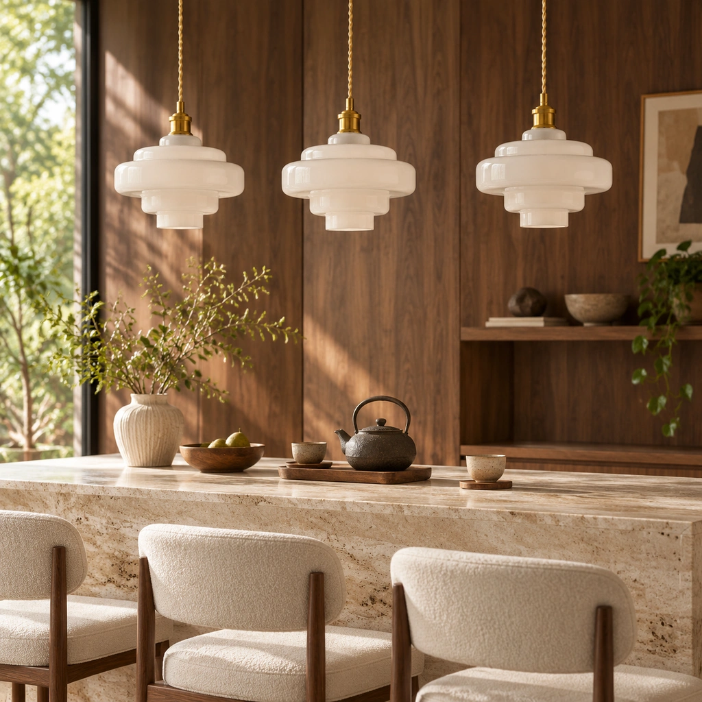 Matching white Mirelle pendants with short metal connectors above a stone table