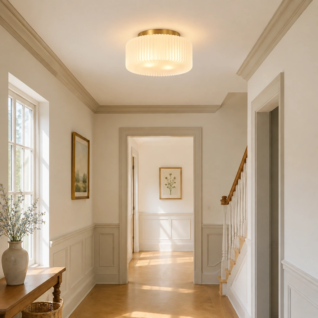 Elowen ribbed opaline glass ceiling light in a bright hallway