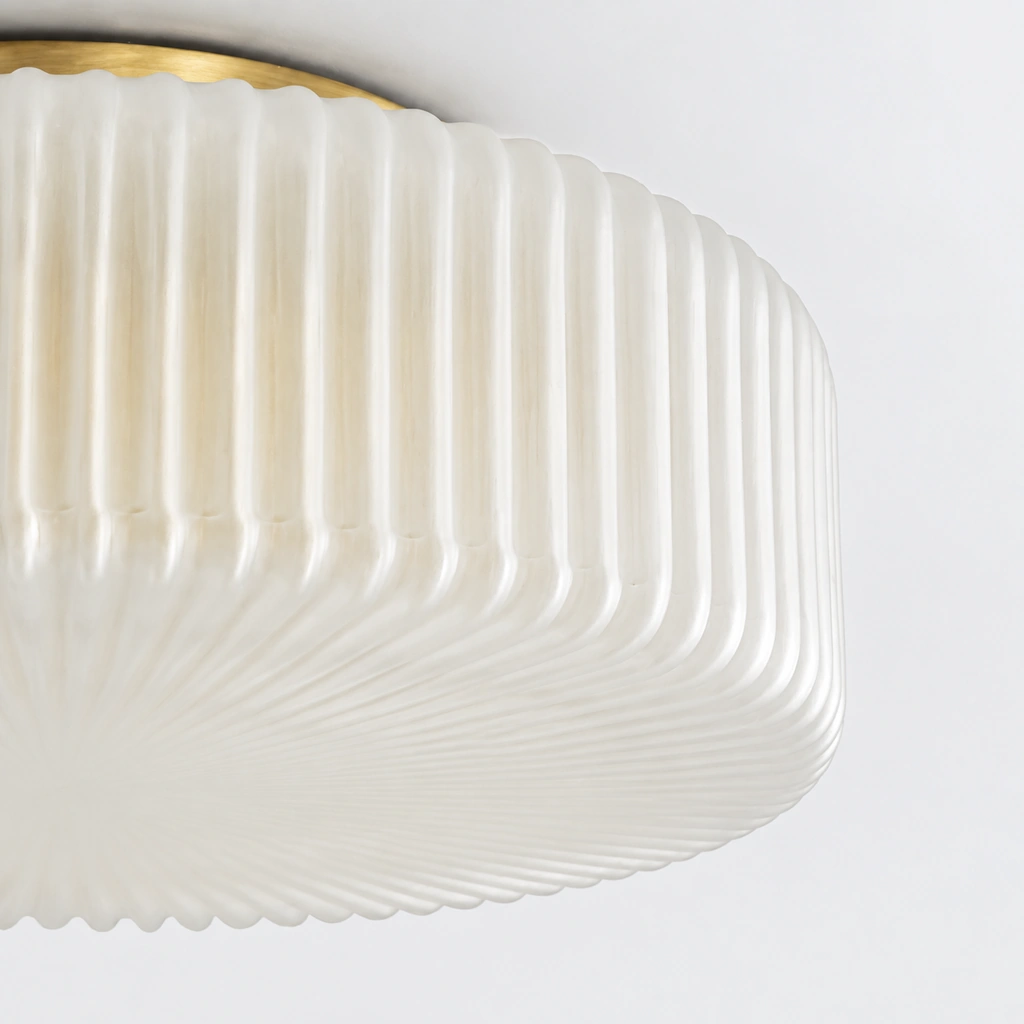 Close view of Elowen's ribbed opaline glass shade and radial underside