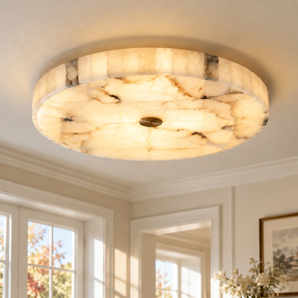 Kelly round alabaster flush-mount ceiling light, illuminated, in a sunlit hallway