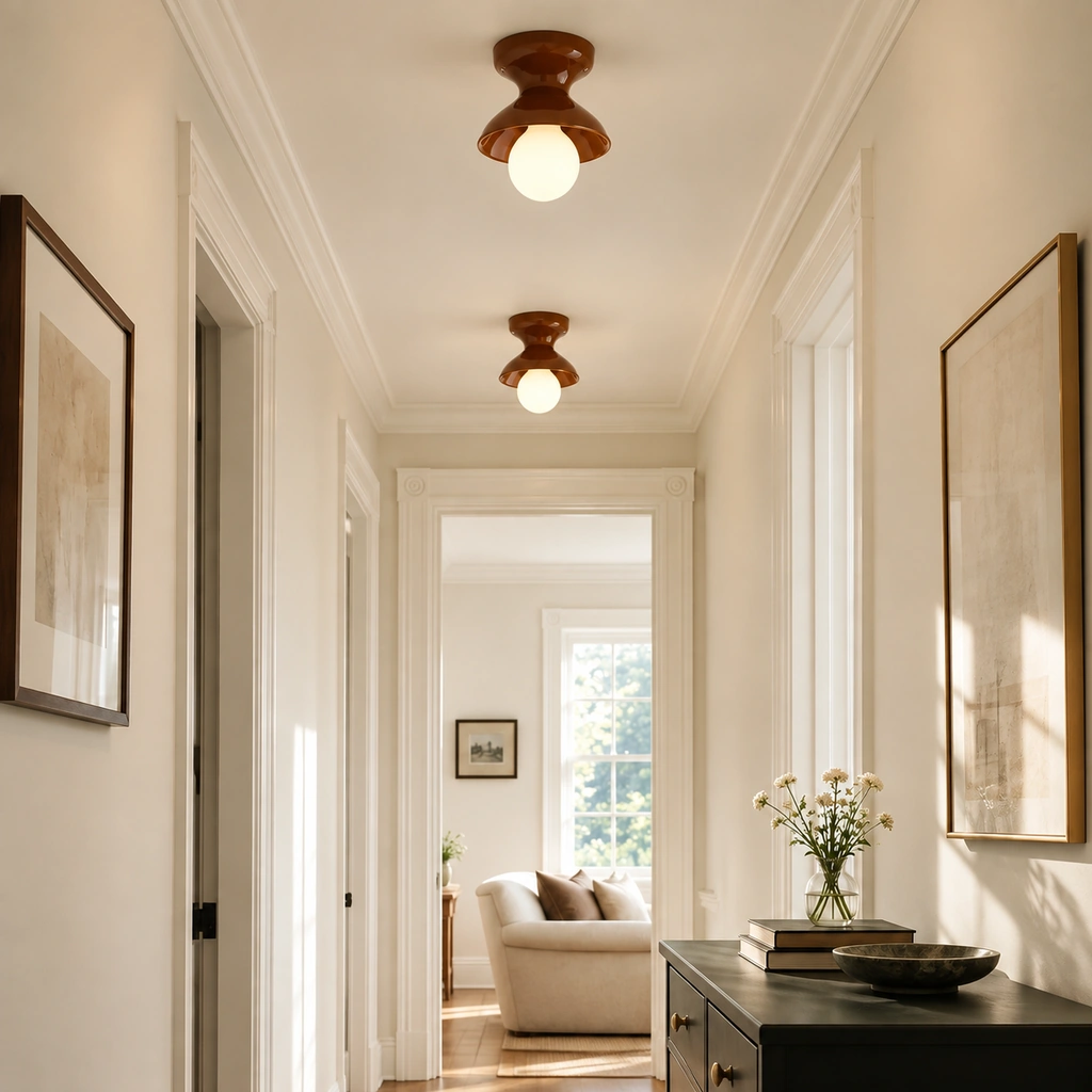 Two lit Jenna Auburn Style A ceramic ceiling lights along a sunlit hallway