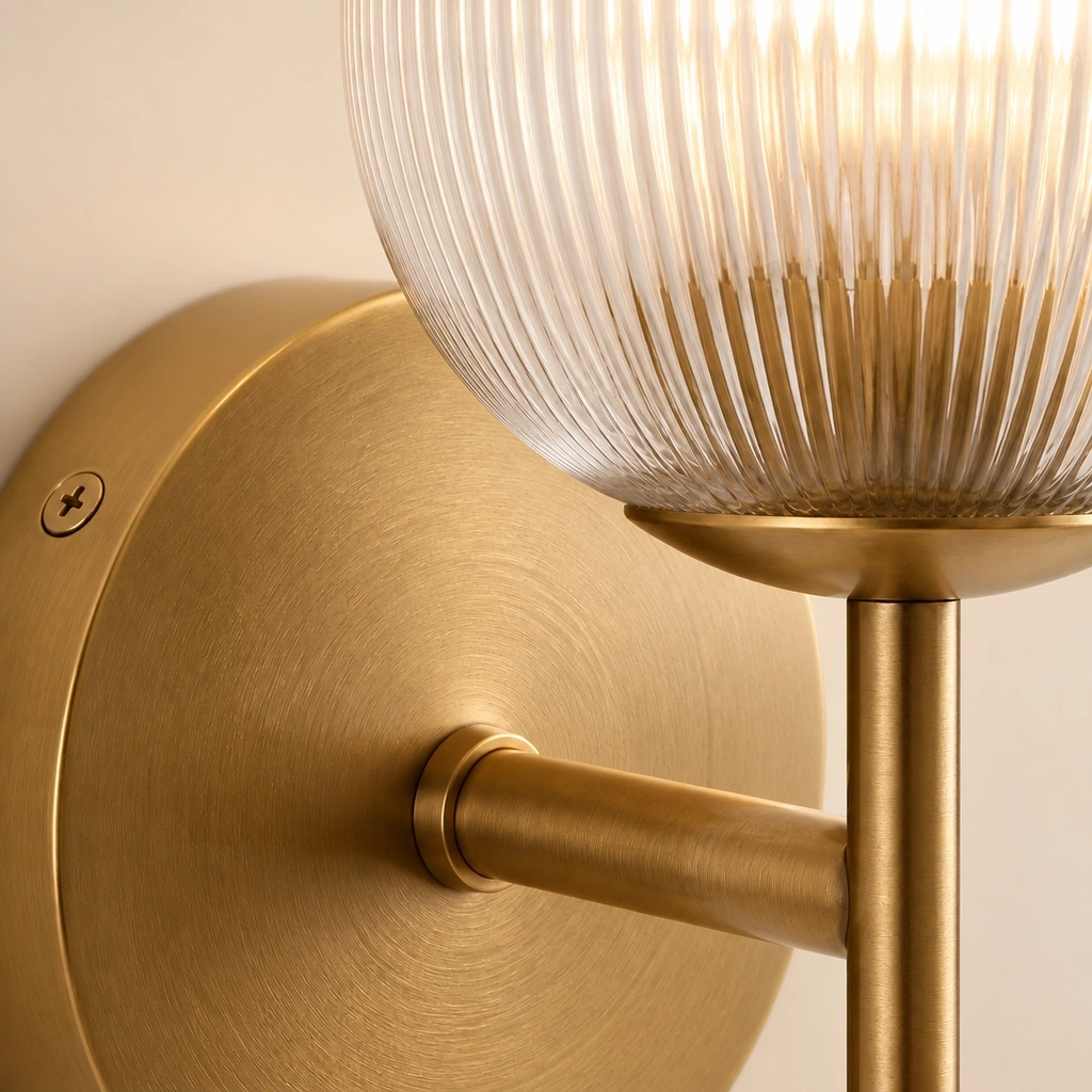 Close-up of the Vireo brass backplate, arm and ribbed glass shade connection