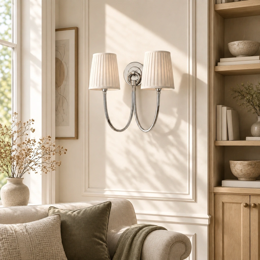 Hollis two-light wall fixture with silver-tone curved arms and pleated tapered linen shades, unlit above a sofa between a window and built-in shelving