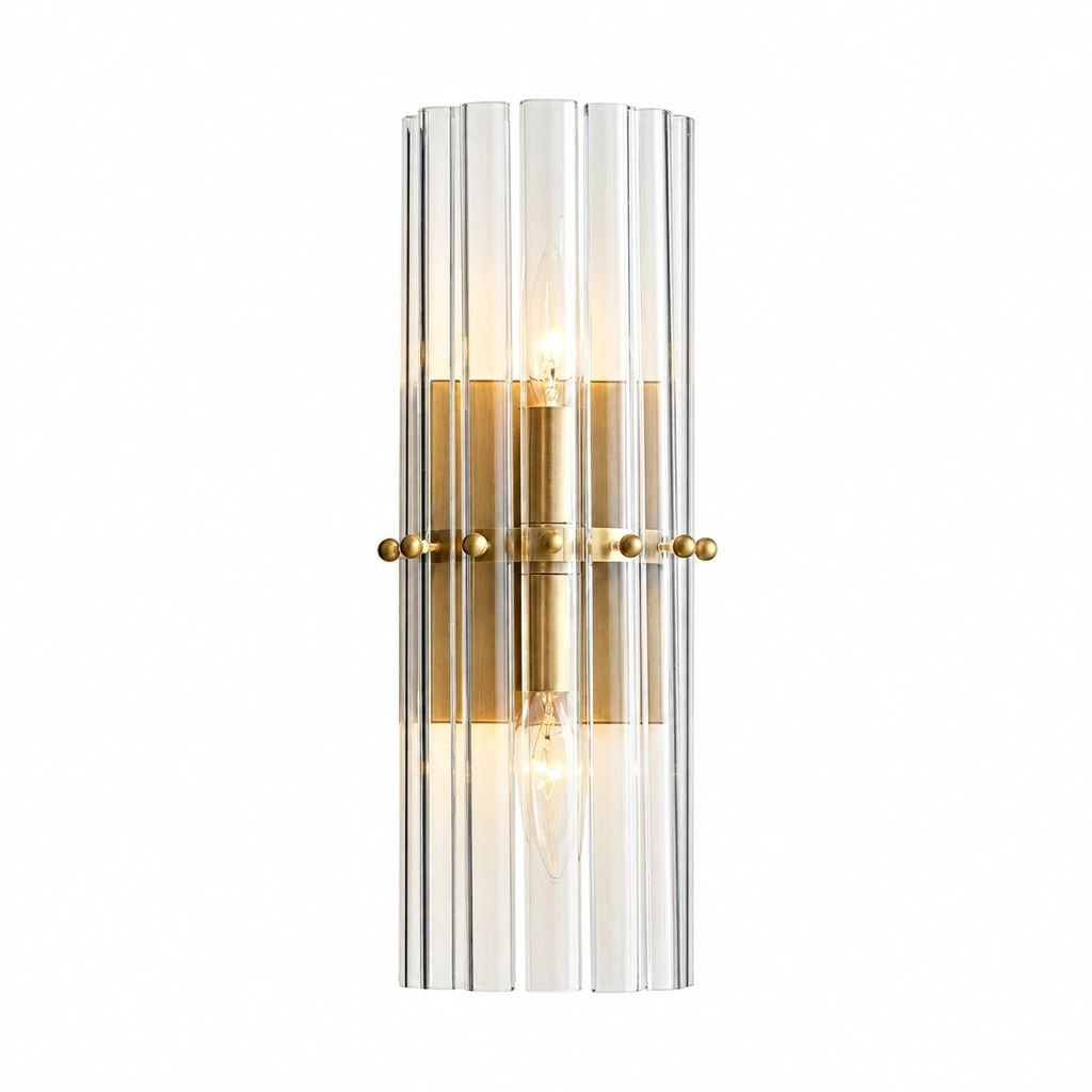 Merrick two-light wall sconce in Tumbled Brass with vertical clear glass rods, full studio view on white