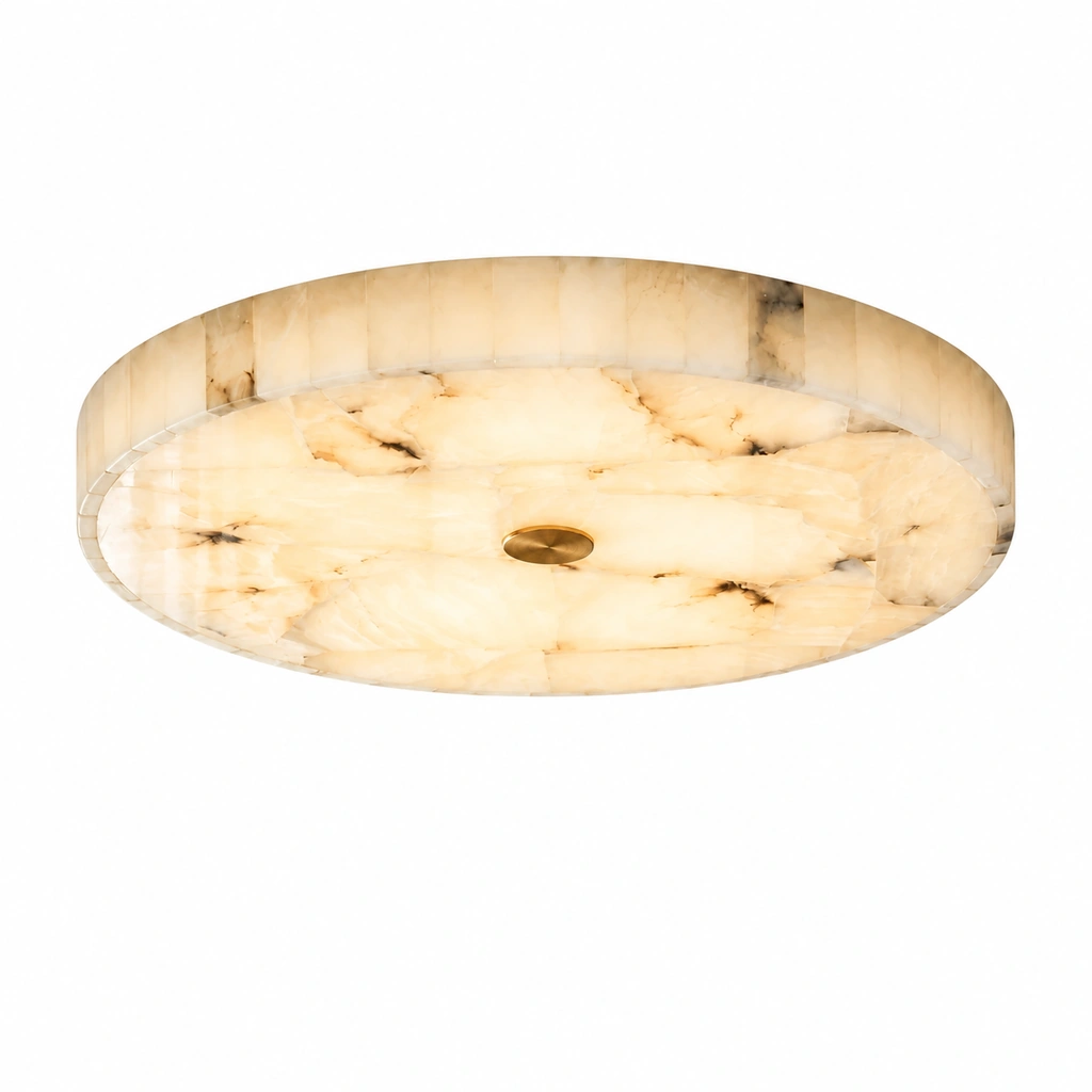 Kelly shallow round alabaster flush-mount ceiling light, illuminated, on a white background