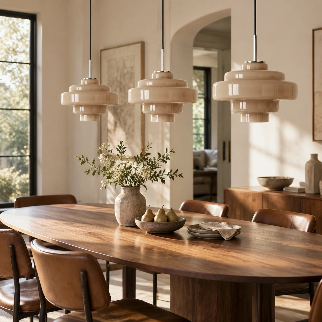 Matching taupe Mirelle pendants with direct cord connection in an interior setting
