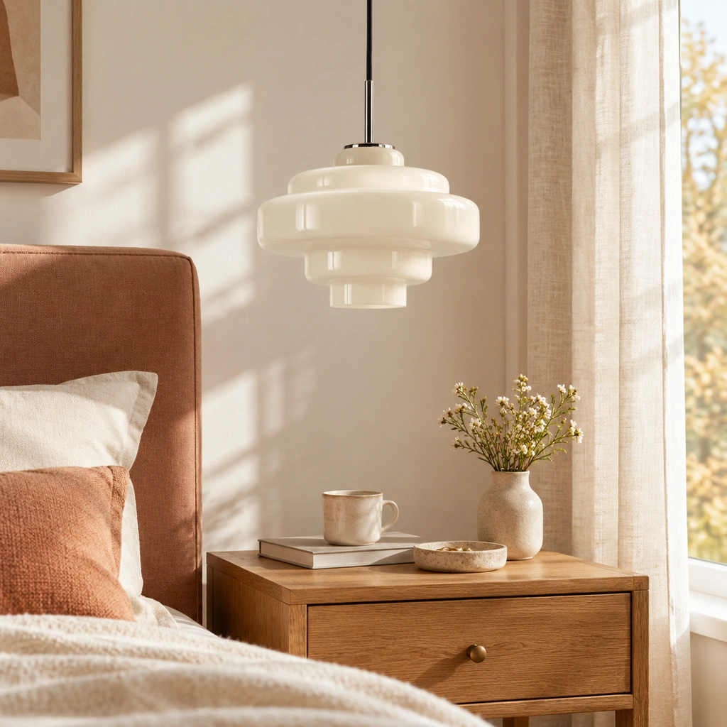 White Mirelle pendant with direct cord connection in an interior setting
