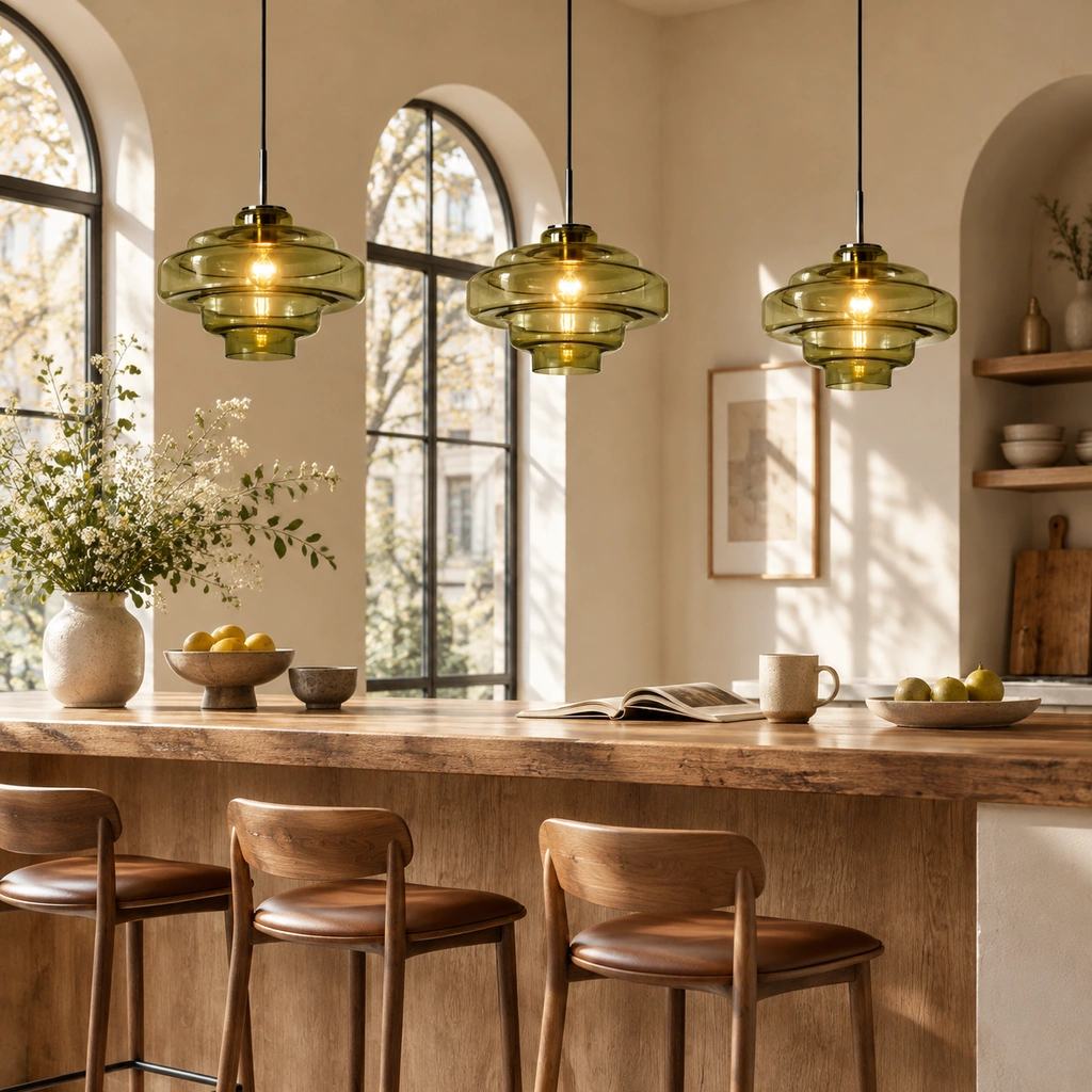 Matching green Mirelle pendants with direct cord connection in an interior setting