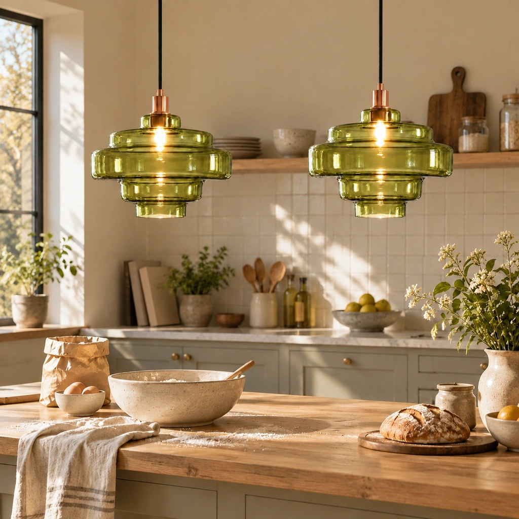 Matching green Mirelle pendants with short metal connector in an interior setting