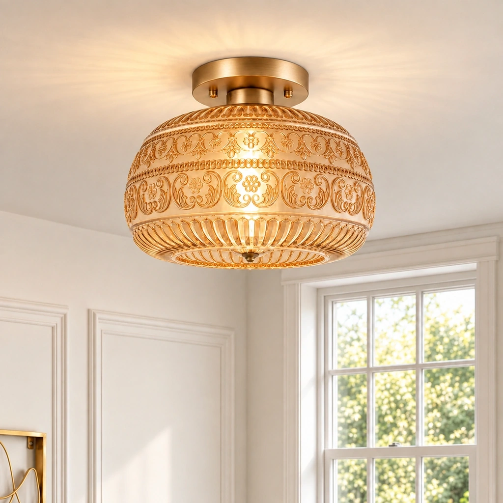 Lit Oliver amber carved-glass ceiling light above paneled walls and windows