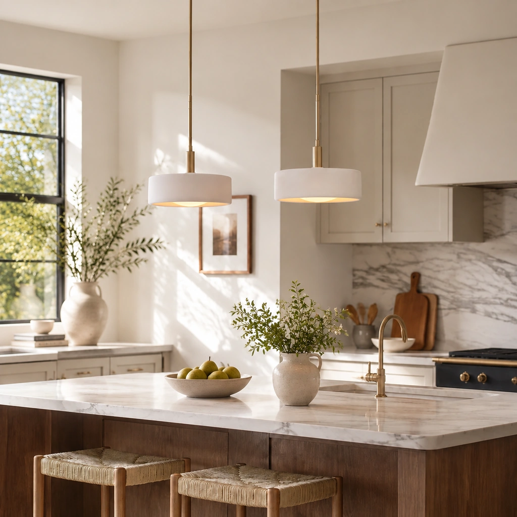Two wide Margot ivory porcelain drum pendants glowing above a kitchen island