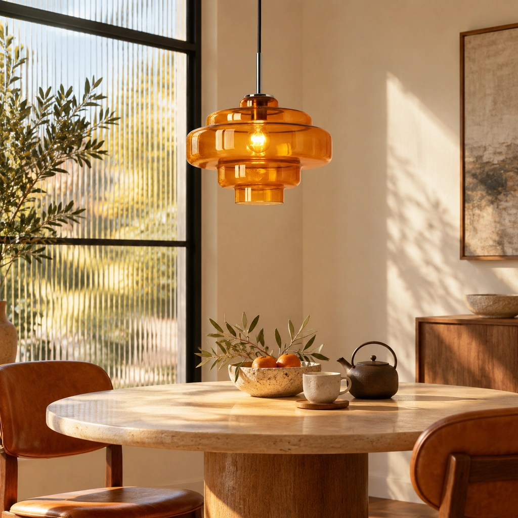 Amber Orange Mirelle pendant with direct cord connection in an interior setting