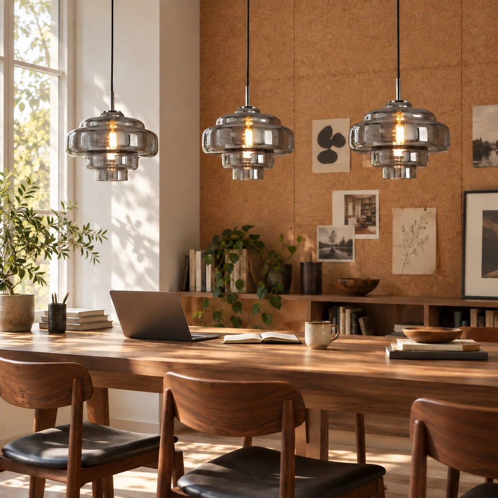 Matching smoke grey Mirelle pendants with direct cord connection in an interior setting