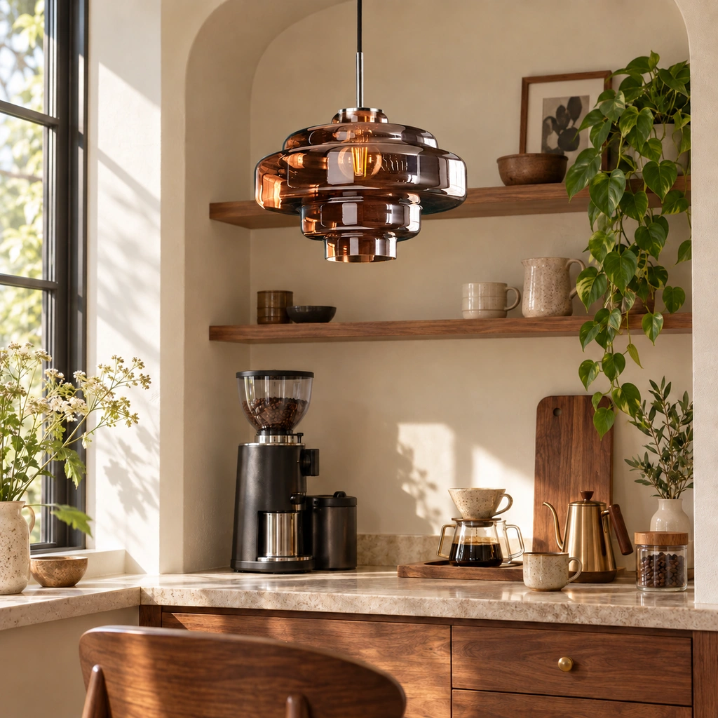 Brown Mirelle pendant with direct cord connection in an interior setting