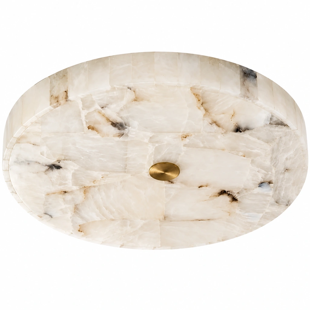 Kelly round alabaster ceiling light unlit, showing natural white and grey mineral veining