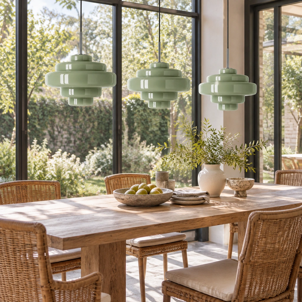 Matching mint green Mirelle pendants with direct cord connection in an interior setting