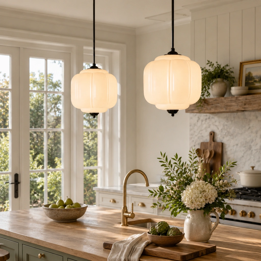 Two Lumi Eloise White Glass + Black pendants above a kitchen island