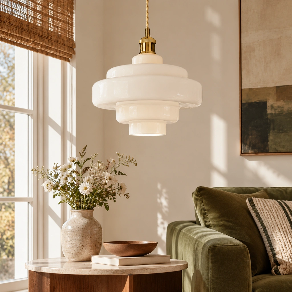 White Mirelle pendant with short metal connector in an interior setting