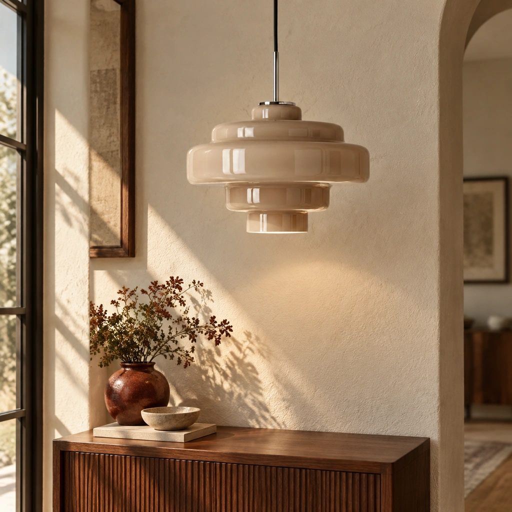 Taupe Mirelle pendant with direct cord connection in an interior setting