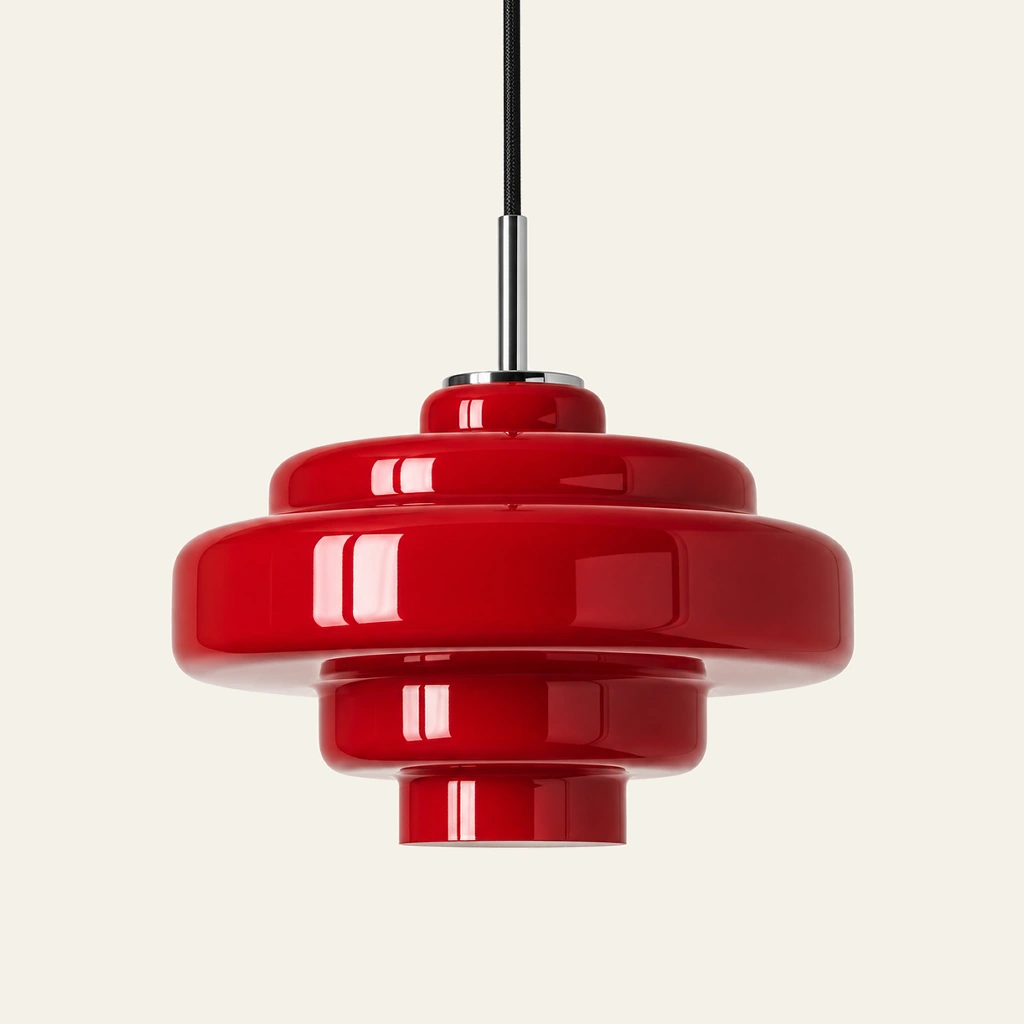Mirelle pendant light in Red, direct connection, on an ivory background