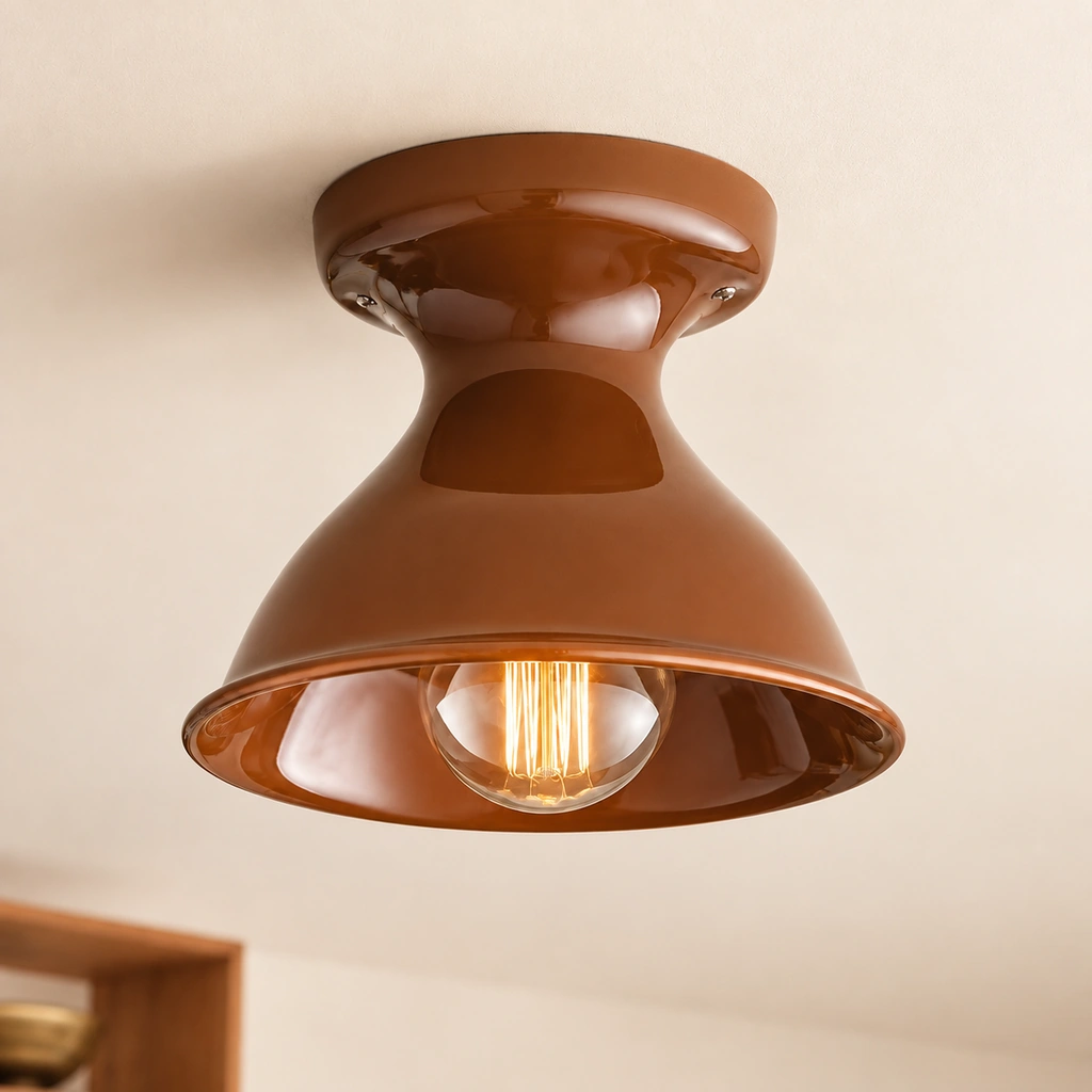 Close view of the Jenna Auburn glazed ceramic ceiling fitting with exposed bulb