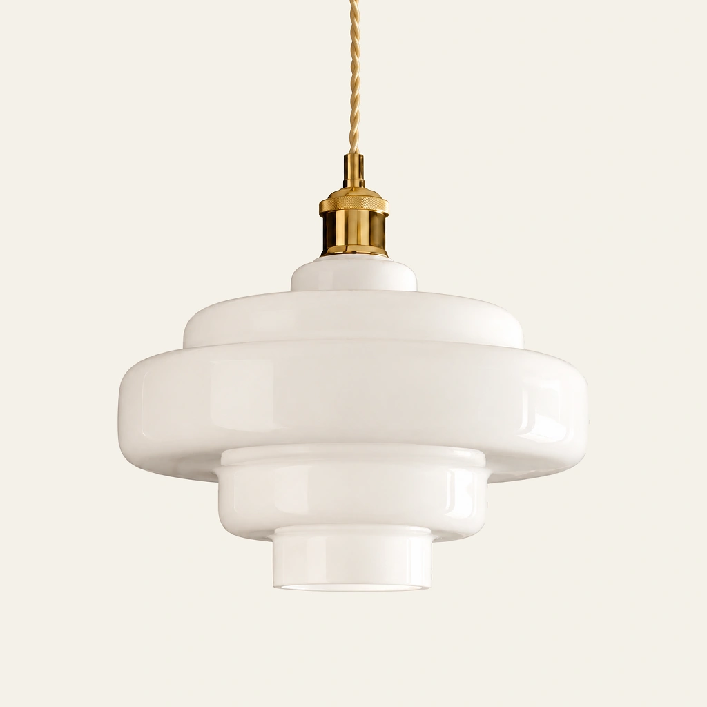 Mirelle pendant light in White, metal connector, on an ivory background