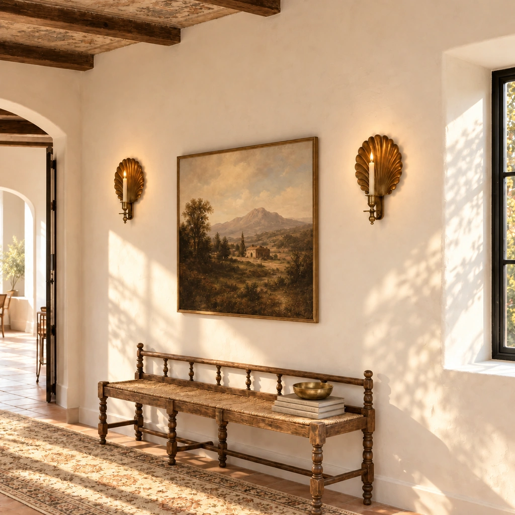 Two lit Solenne shell sconces on a hallway wall beside a framed landscape painting above a wooden bench; candles not included