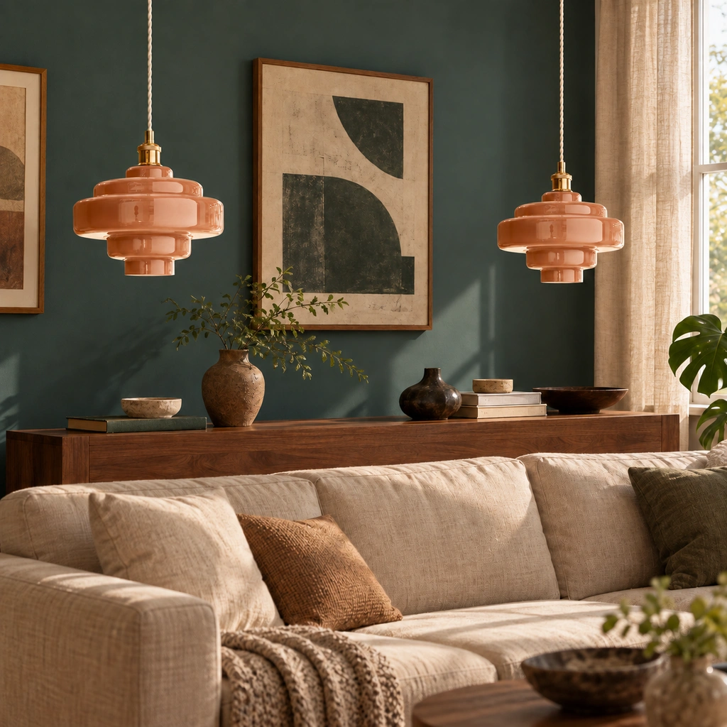 Matching rose pink Mirelle pendants with short metal connector in an interior setting