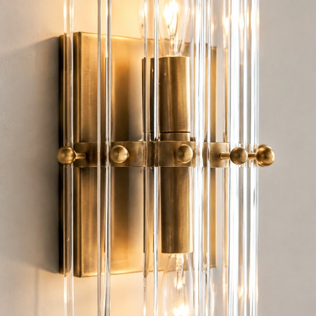 Close view of a lit Merrick sconce: brass horizontal fixing bar with ball ends crossing vertical clear glass rods